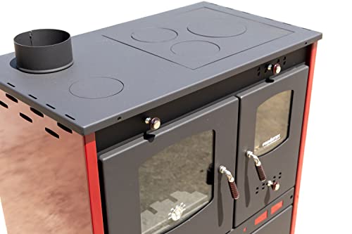 Foto von Kaminofen mit Backfach und Herdplatte Perfect Eco Lux Rot Links Holzofen 7 kW Kamin Ofen Holz Werkstattofen Hüttenofen Heizofen Gartenofen