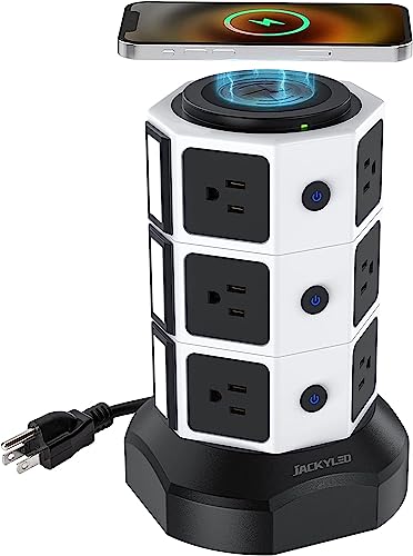Power Strip Tower with Wireless Charger - Surge Protector with USB, JACKYLED Electric Outlet 13A 10 AC Outlets 4 USB Ports 6.5ft Extension Cord for School Dorm Office Home Desktop Computer White Black