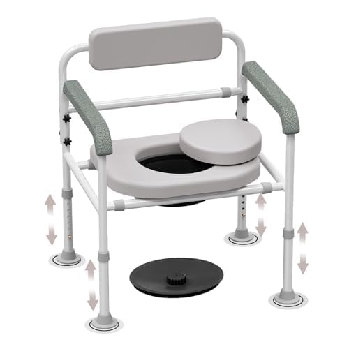 Adjustable Medical Bedside Commode Chair with Padded Backrest Drop Arm Support Height Adjustable Grey