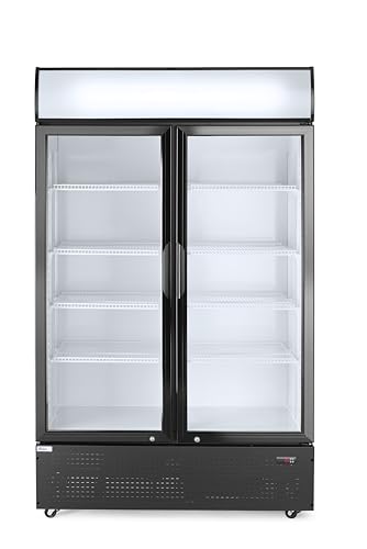 HENDI Getränkekühlschrank mit Leuchtkasten, Zweitürig, mit 8 verstellbaren Regalböden, Temperaturbereich: 0° bis 10°C, automatische Abtauung, 643L, 230V/510W, 1120x585x(H) 1900mm, Aluminium, Glas