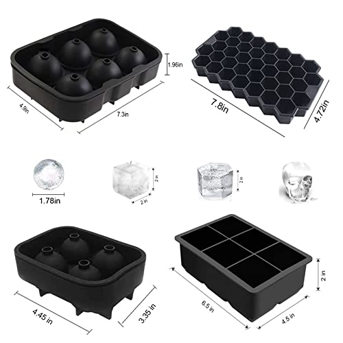 4 Pack Ice Cube Trays 3D Skull Silicone, Ice Ball Maker Mold, Hexagon Ice Cube Mold, Easy Release Square Ice Cube Tray With Lids And Funnel For Whiskey, Cocktail, Bourbon, Chilled Drinks #TOP3