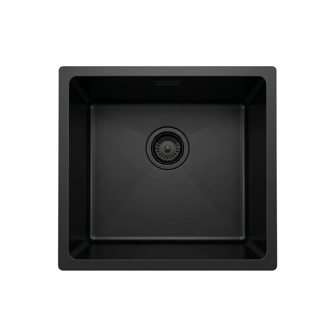 AZERODESIGN-Fregadero-Fregadero cocina-Fregadero cocina 1 seno-Fregaderos modernos para cocina-Fregadero sobre encimera-Fregadero bajo encimera-Fregaderos modernos (NEGRO MATE, 440 X 440 MM)