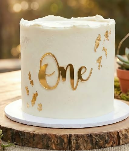 Gold Mirror One Cake Charm - 1st Birthday Acrylic Decorations Cake Toppers, First Birthday Baby Party Cake Decor Supplies (Gold Mirror Acrylic, 4in (10.2cm))