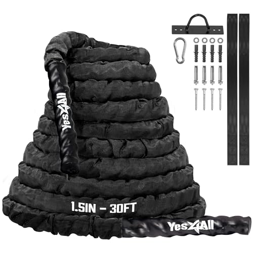 Yes4All Battle Ropes, Workout Rope with Cover, Steel Anchor & Strap Included, Heavy Ropes for Exercise Training – 1.5/2 Inch Diameter, 30, 40, 50 Ft Length