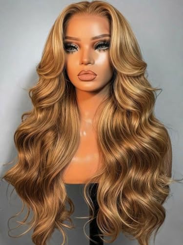 Image of KLAIYI Bye Bye Slip Honey Blonde Highlight Body Wave Pre Everything Glueless 13x4Ear to Ear Lace Frontal Wigs Human Hair Drawstring Ombre Pre Plucked Bleached Knots 3S Ready to Wear and Go Wig 22Inch