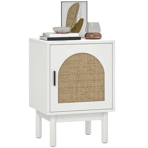 HOMCOM Mesita de Noche Mesilla de Noche con Puerta de Ratán Estante Ajustable y Patas de Madera Estilo Bohemio Mesa Auxiliar para Salón Dormitorio 40x35x58 cm Blanco