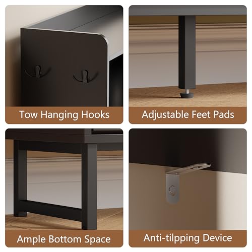 Image of Shoe Cabinet with 4 Flip Drawers, Freestanding Hidden Shoe Storage Organizer for Entryway, Narrow Slim Shoe Rack Cabinet with Open Storage & Hooks for Front Door Entrance, Living Room, Hallway, Black