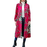 LZJN Women's Trench Coat Floral Print Jacket Cottagecore Clothing Casual Plus Size multicolored Outerwear (US, Alpha, One Size, Regular, Regular, Rose Red)