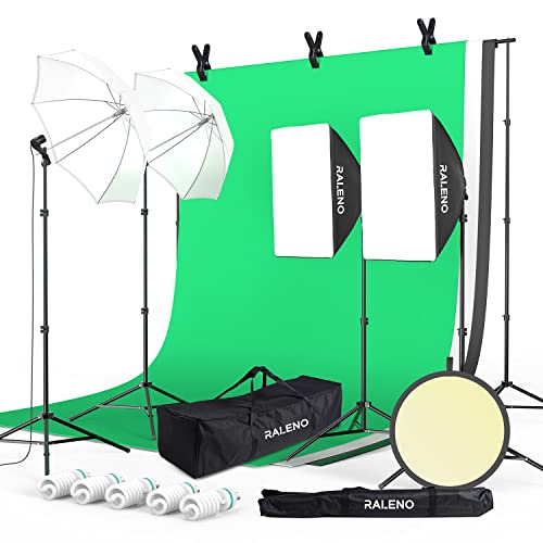 RALENO Photography Lighting Kit, 8.5 x 10ft Backdrop Stand with Green