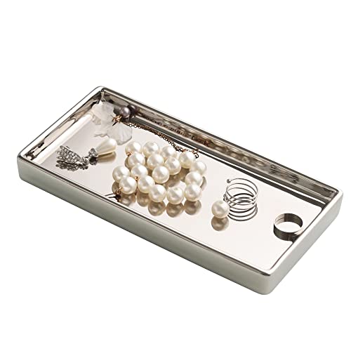Redelaenor Soporte de joyería Bandeja de cerámica para baratijas Rectangte Vanity Espejo Bandeja plateada Pequeña