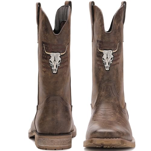 Image of JASONSTAR Western Cowboy Boots for men, Vintage Distressed Brown Square Toe Mid-Calf Boots with Longhorn Skull American Flag Embroidery, Non-Slip Rubber Sole Comfortable for Riding Outdoor Daily Wear