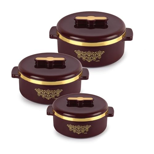 CELLO Exotic Insulated Casserole Set of 3, (500ml, 1000ml, 1500ml) Brown | Double Walled, PU Insulated | Hot Pot Case Keeps Food Fresh & Hot For Long 
