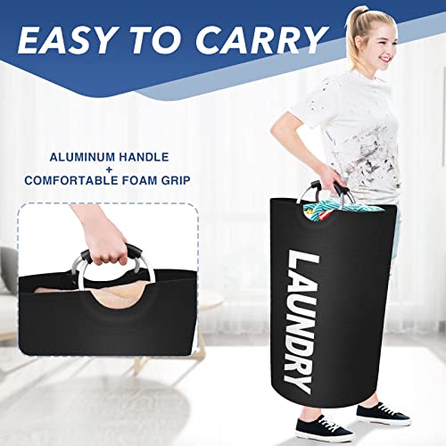 90L Large Laundry Basket, Freestanding Waterproof Laundry Hamper, Collapsible Folding Tall Clothes Hamper, Easy Carry with Foam Protected Aluminum Handles for Dorm, Family, Travel (Black)