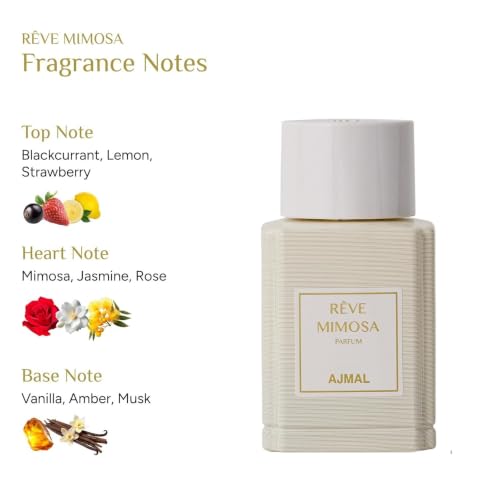 Image of Ajmal Oud Marquis Reve Mimosa Eau de Parfum for Women, 3.4 fl oz | Dreamy mimosa-floral women's EDP by Ajmal. Feminine, luminous, long-lasting. Crafted in Dubai, made in France.