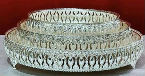 Image of Decorative German Silver Tray Set of 4 Sets Designer Set Trays I Gifting Trays Set [Display for Home Wedding and Festive Decor Size 10 inch 8 inch 6 inch 4 inch. Without Stand Flat Trays.