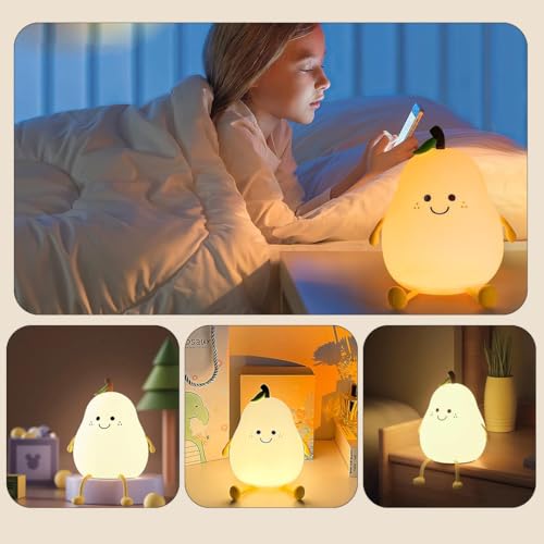 Image of fizzytech Rechargeable Silicone Pear Night Lamp, 7 Color Changing LED Night Light for Kids Bedroom, Touch Sensor Bedside Lamp, USB Portable Room Decor Light for Kids and Couples
