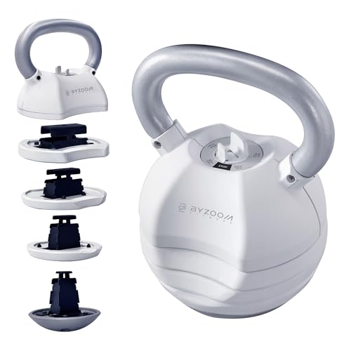 Image of BYZOOM FITNESS Pure Series Adjustable Kettlebell 30 /40 /50LB - 5-IN-1 Weight Change, Patented Quick-Change Machenism, Ergonomic Curved Handle for Home Gym, Strength Training, HIIT, White OR Black
