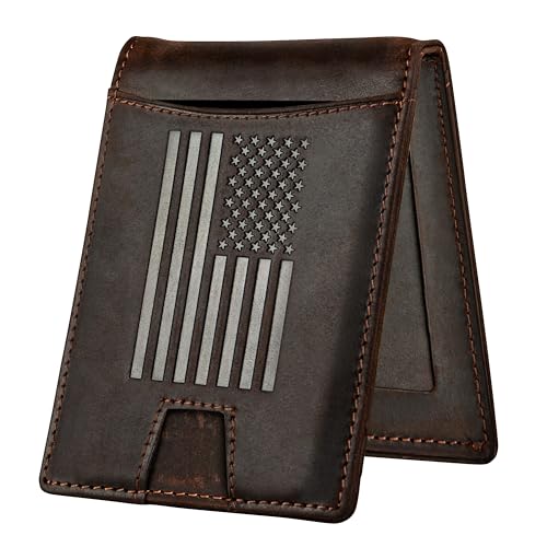 Military Veteran Products American Flag Wallet – Genuine Brown Crazy Horse Leather RFID-Blocking...