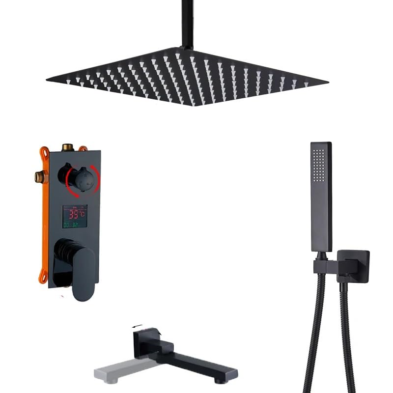 Ensemble douche numérique noir cascade mitigeur pour colonne de salle de bain