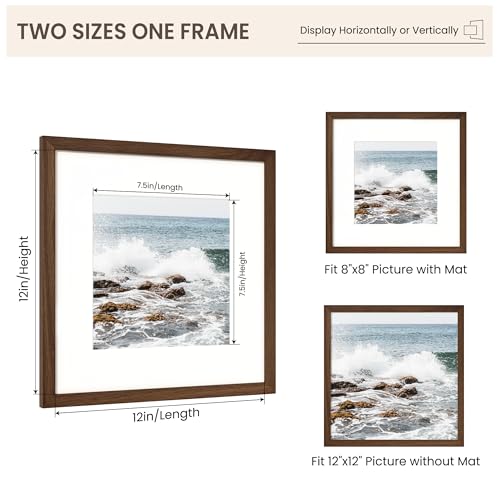 Image of FLYJOE 12x12 Oak Wood Square Picture Frame with Mat for 8x8, 12 by 12 USA-Sourced Natural Solid Wooden Photo Frame for Wall, Shatterproof Plexiglass, Hanging Hardware Included, 1 Pack, Walnut Color