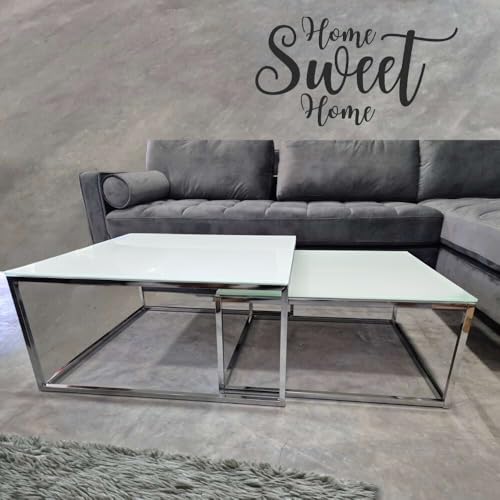LEBENSwohnART 2er Set Design Couchtisch MENTO 75/65cm Sicherheitsglas Weiss Chromgestell