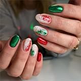 24 uñas postizas de Navidad, color verde y rojo, cortas, ovaladas, a presión, puntas francesas, decoración de uñas para mujeres y niñas