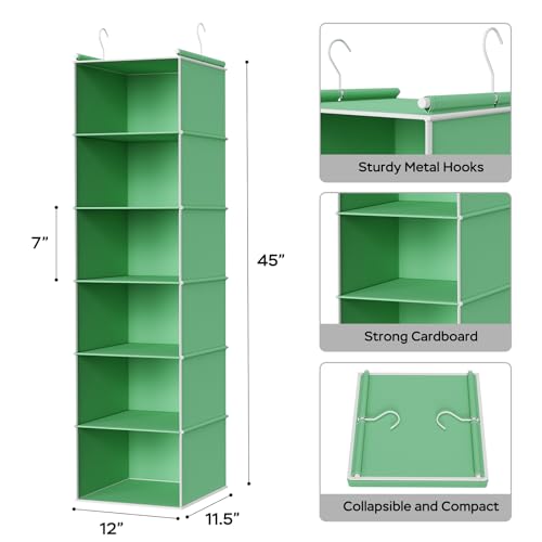 Image of MAX Houser 6-Shelf Hanging Closet Organizer, Hanging Storage Shelves with 2 Sturdy Hooks Space-Saving for Bedroom, Foldable (Green)