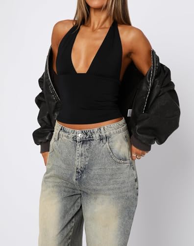 Womens Backless Halter Tops Deep V Neck Sexy Crop Tank Top Open Back Sleeveless Slim Fit Y2k Summer Tops4