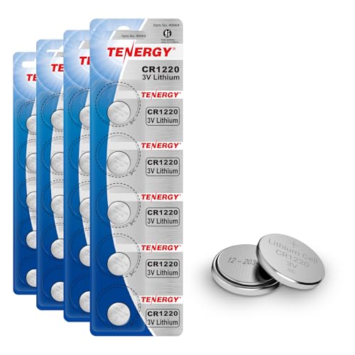 Tenergy CR1220 3V Lithium Button Cell Battery, for Keys, Watches, Accessories, 20 Pack