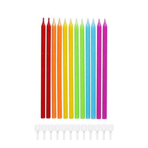 12 Pcs Bright Rainbow Long Birthday Candles with Holders Colorful Cake Candles for Birthday Wedding & Party Celebration