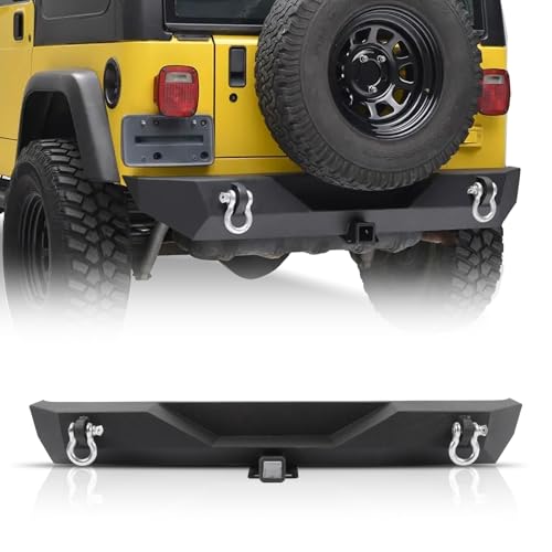 Off Road Rear Bumper Fit for Jeep Wrangler TJ YJ 1987-2006 W/D-Rings Heavy Duty Rear Bumper W/ 2' Hitch Receiver Black Powder Coated