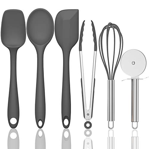 Umite Chef Silicone Spatulas Set, 6 Pieces Heat Resistant Rubber Spatula Set Kitchen Utensils for Baking, Cooking, and Mixing, One Piece Design Kitchen Spatula Set for Nonstick Cookware, Grey