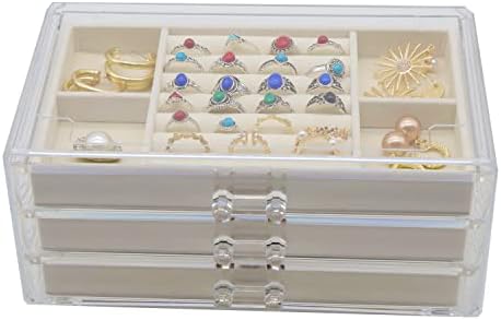 DQUTAR Acrylic Jewelry Organizer with 3 Drawers, Velvet Clear Jewelry Box for Earring Necklace Ring & Bracelet Display Storage Case for Women Girls