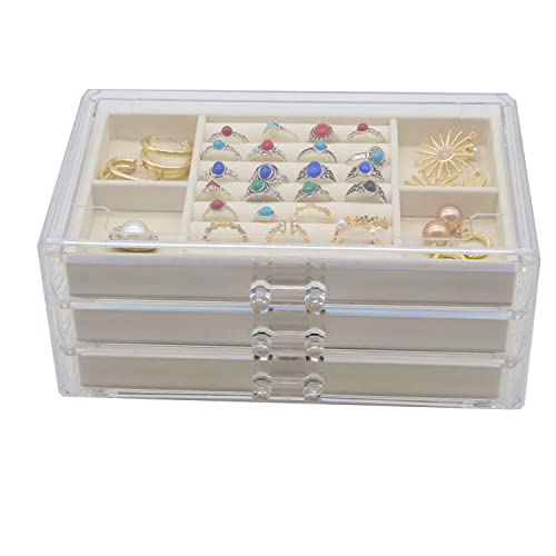 Dqutar Acrylic Jewelry Organizer With 3 Drawers, Velvet Clear Jewelry Box For Earring Necklace Ring & Bracelet Display Storage Case For Women Girls #TOP3