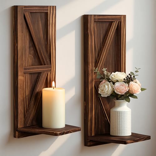 Candle Sconces Set of 2: Farmhouse Wall Candle Holder, Brown Wood Wall Sconces Set of Two,Handmade Wooden Art Decor for Living Room, Dining Room, Bathroom, Bedroom, or Entryway, 15.7