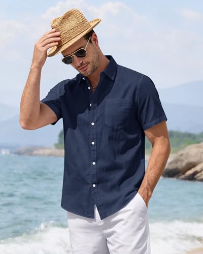 Image of J.VER Mens Linen Shirt Short Sleeve Button Down Casual Summer Shirts | Cotton Linen, Untucked, Big Tall, from Beach Camp Vacation, Cruise Fishing, Work Office, to Wedding Party Family, with Pocket