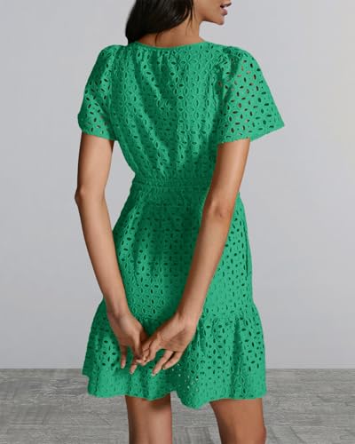 Image of Women Summer Short Sleeve Dress Hollow Out A Line V Neck Smocked Waist Ruffle Beach Mini Dresses