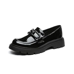 Vera Creation Damen klobig Plattform Loafers mit Kette oder Schnalle Lackleder Casual Business Schuhe Komfort Slip-on