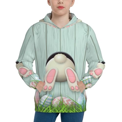 White Bunny Bottom And Easter Eggs Kids Pullover Hoodies Boys Sweatshirts Girls Athletic Clothes with Pocket