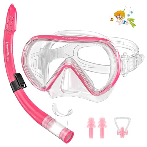 SkrekuiMa Gafas Buceo Niño, Set de Mascara y Tubo Nños para Snorkel y Buceo, Gafas de Bucear Panorámico de 180 HD, Máscara de Snorkel antivaho y antifugas para 4 a 14 Años