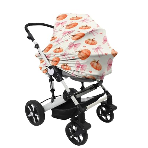Image of Baby Car Seat Cover, Breathable Car Seat Canopy, Fall Pumpkin Bow
