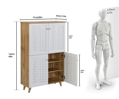 Image of DeckUp Plank Bei 4 Door Engineered Wood Shoe Rack with Wooden Legs (Wotan Oak and White, Matte Finish) 34D x 77W x 124H Cm