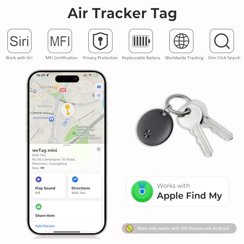 Air Tracker Tag Item Finder - 4 Pack, Smart Tags Compatible with Apple Find My (iOS Only), 92 dB Sound, Replaceable Battery, IP67 Waterproof, Suitable for Luggage, Wallets, Bags, Keys etc, Deep Black