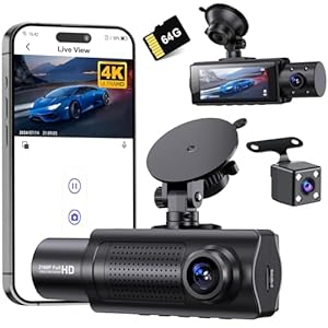 Miden X5 4K WiFi Dash Cam Front and Rear Inside, 2160P+1080P+1080P FHD 3 Channel Dash Camera for Cars, 360° All Sides Dashcam, Free 64G SD Card, G-Sensor, WDR, Night Vision, 24H Parking Monitor