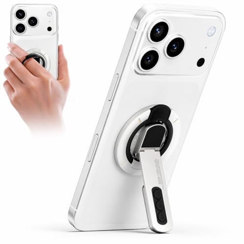 Image of RIGGEAR Magnetic Phone Grip and Stand for MagSafe Phones Cases, 3in1 Magnetic Finger Ring Holder with Double Sided Magnet, Fidget Buttons, 360 Rotation Magnetic Gym Phone Stand (Glacier White)