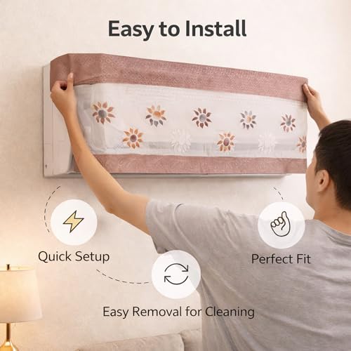 Image of Cotton Net Split AC Cover Indoor Unit for 1.5 Ton Capacity AC, Premium Work Indoor AC Dust Protection Cover Designer Summer Ac Cover for 1.5 Ton Ac (38 X 15.35 X 7.8 inch, Brown Flower)