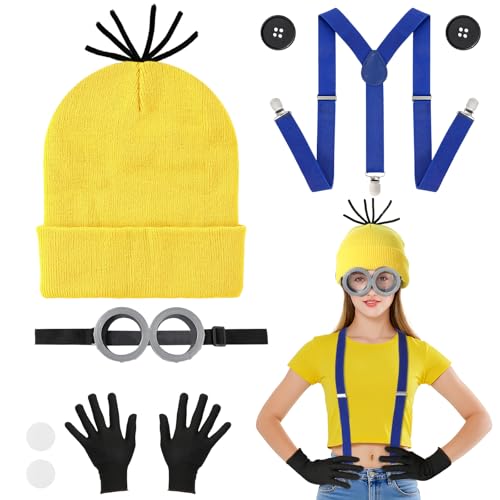 Hifot 5 PCS Accessori Gialli Costume Halloween Adulto Bambino, Occhiali Steampunk Cappello Giallo Guanti Neri Bottoni Bretelle, Costumi Cartoni Animati Adulti per Festa di Halloween Carnevale Cosplay