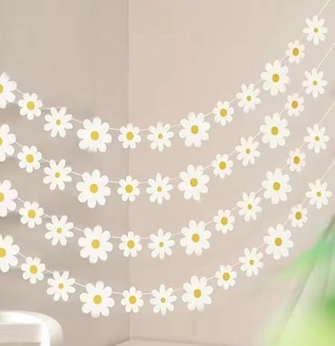 Guirlande de Marguerite 4 Pièces Guirlande de Fleurs en Papier Banniere Anniversaire Marguerite Bannière Hippie pour Fête de Printemps, Décorations d'anniversaire, Décorations de Mariage