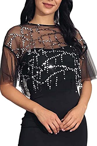 Simsly Vintage Boléro en Dentelle à Paillettes pour Femme Shrug Top épaule Veste Festive Light Top Cape pour Robe de soirée Robe de Bal (XL, argent)