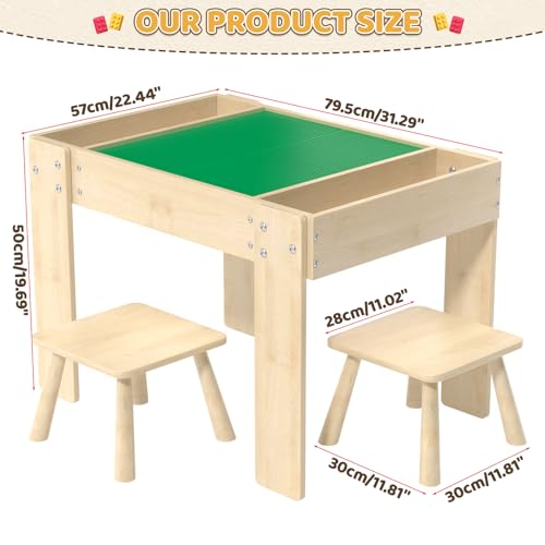 Image of Building Blocks Table with Storage for Kids, Wooden Table Fits Lego Bricks for Toddlers Ages 3+, Kids Activity Play Desk with 2 Chairs, 31.29''X 22.44''X 19.69''